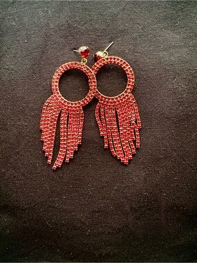 * Red Gemstone Gold Fringe Hoop Statement Earrings - Glam Night Out